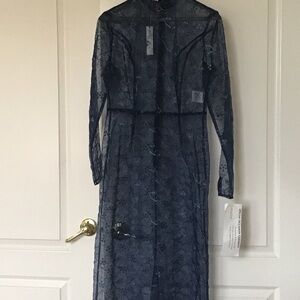 Navy Long Sleeve Sheer Overlay Dress